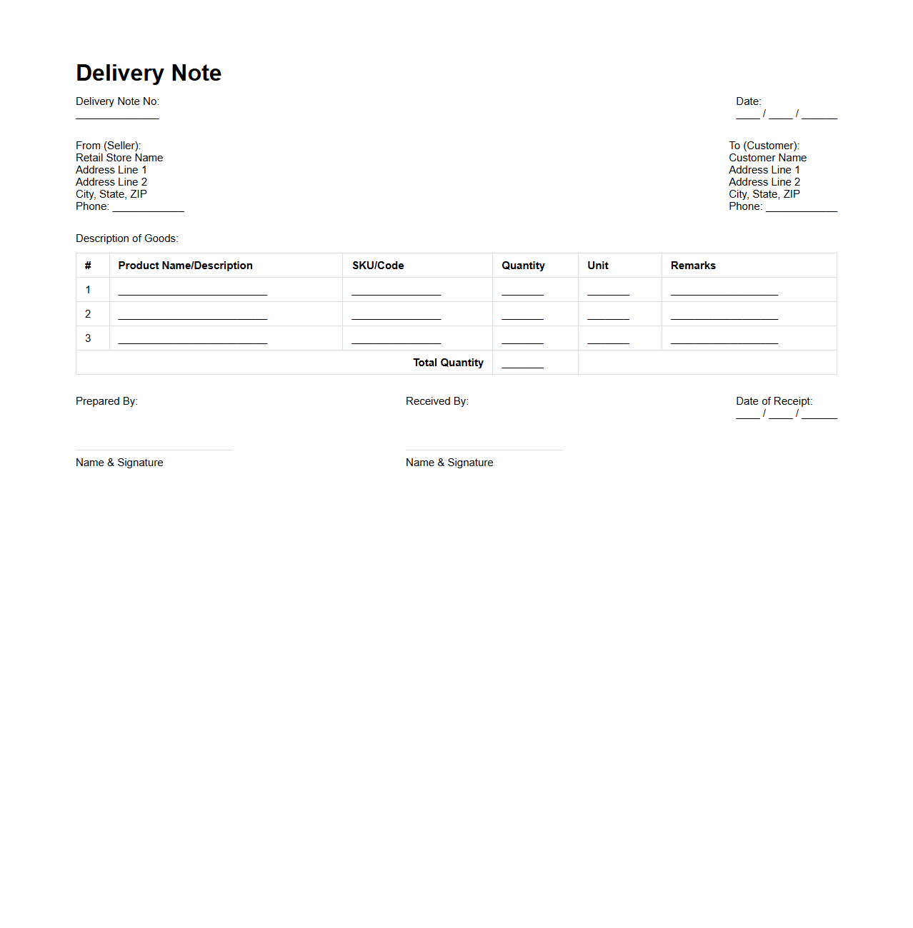 Delivery Note Example for Retail Transactions