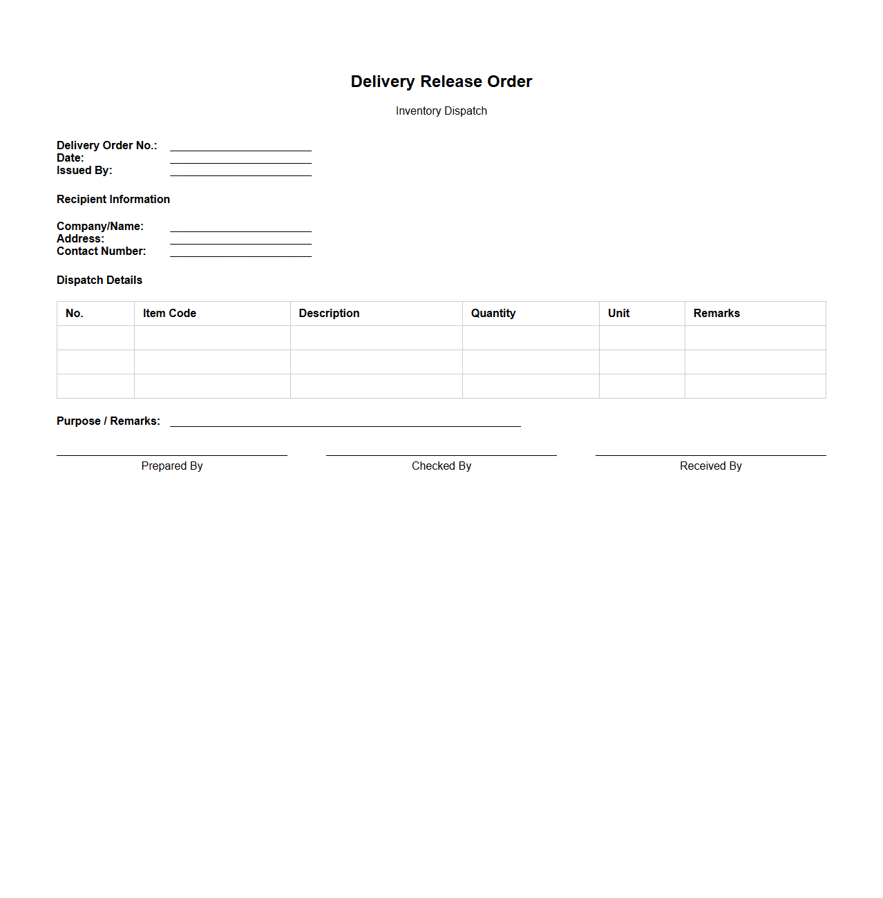 Delivery Release Order Sample for Inventory Dispatch