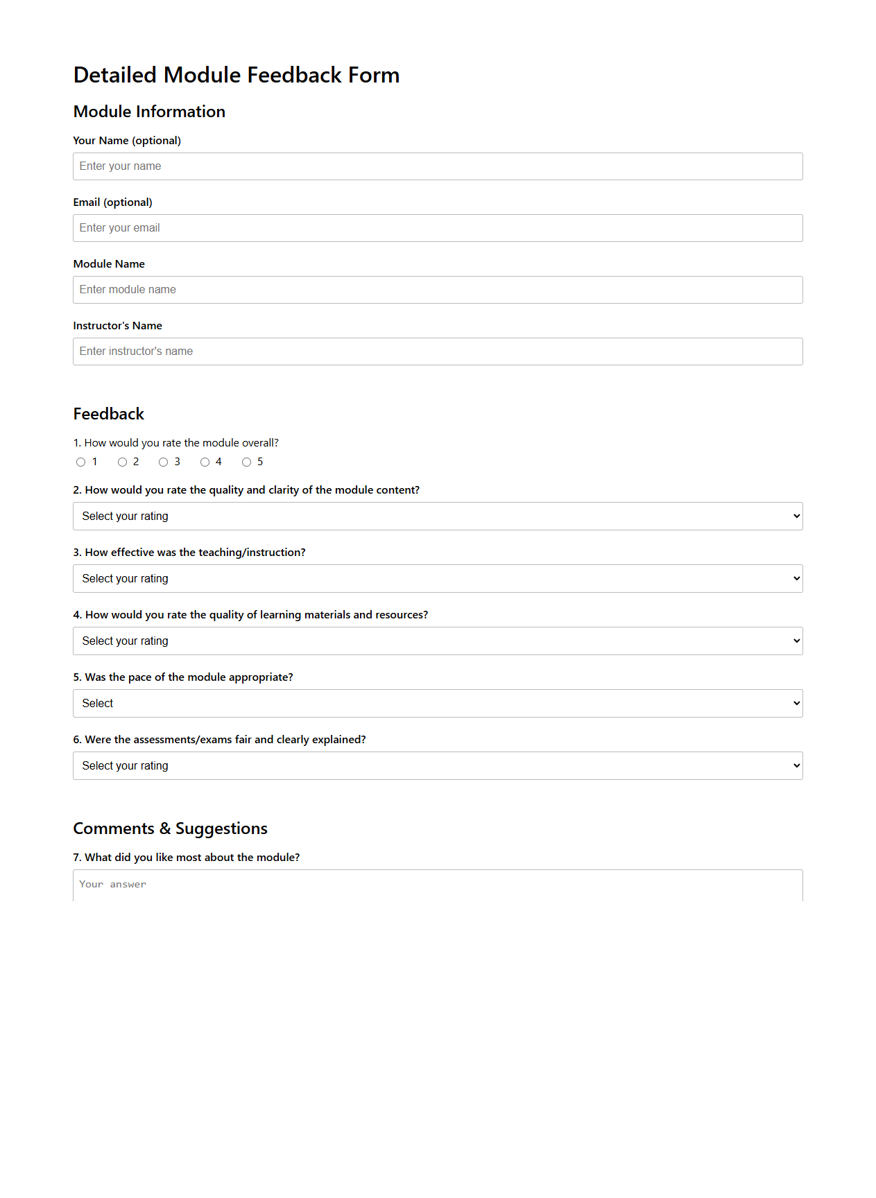 Detailed Module Feedback Form for Students