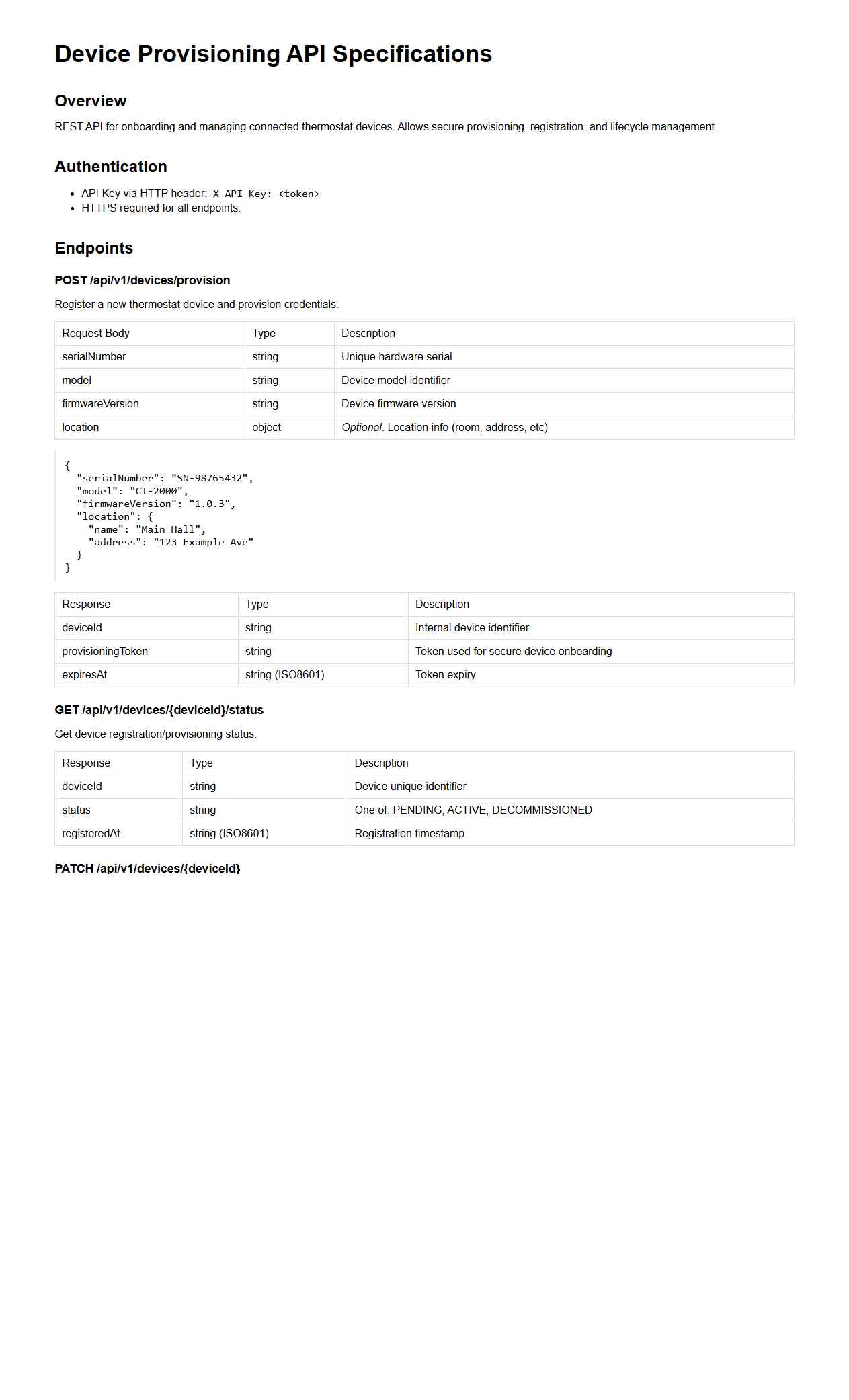 Device Provisioning API Specifications for Connected Thermostats