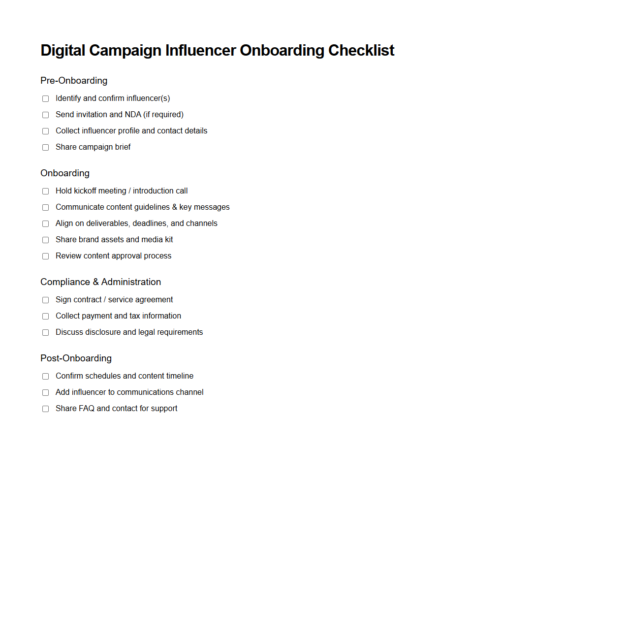 Digital Campaign Influencer Onboarding Checklist