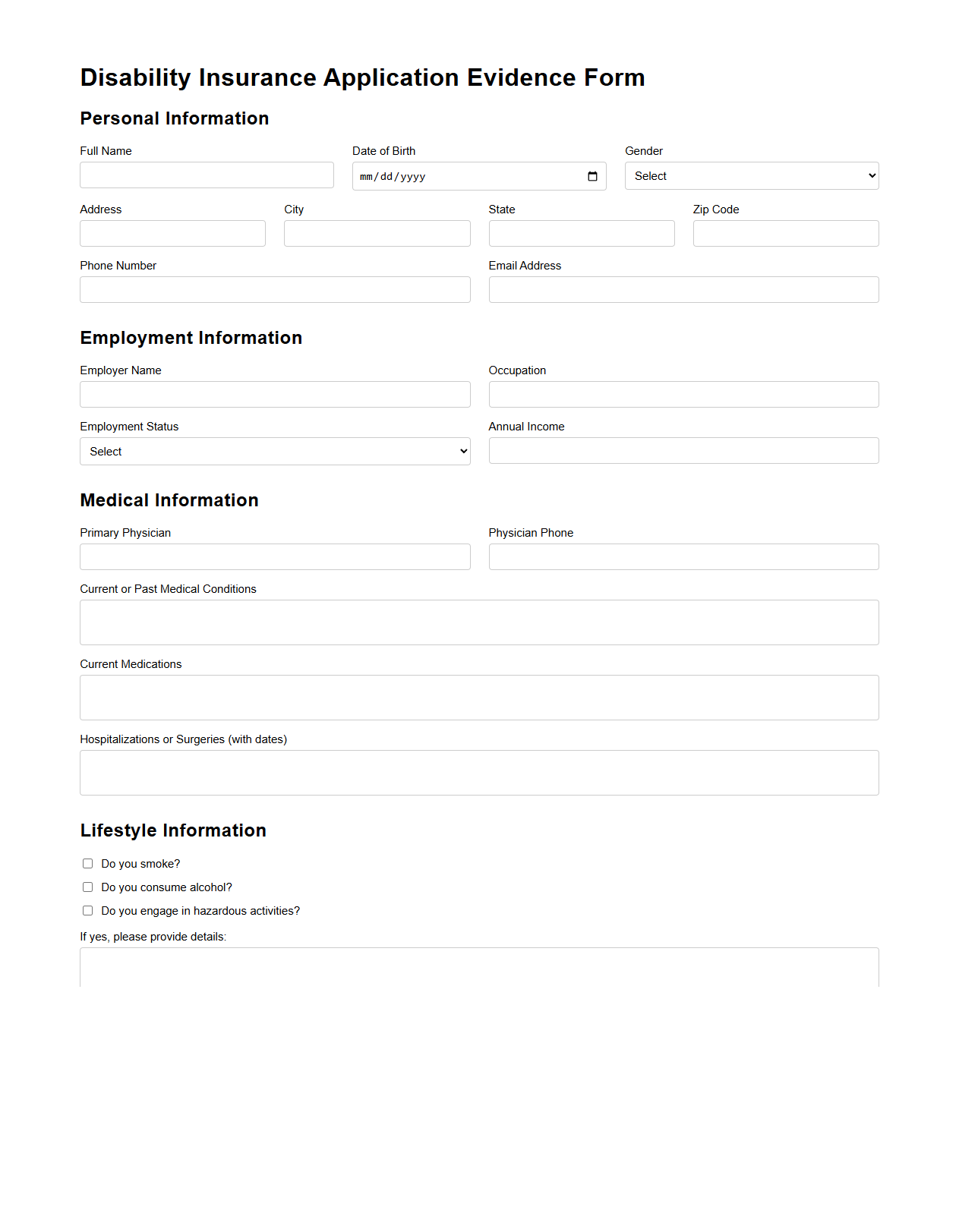 Disability Insurance Application Evidence Form