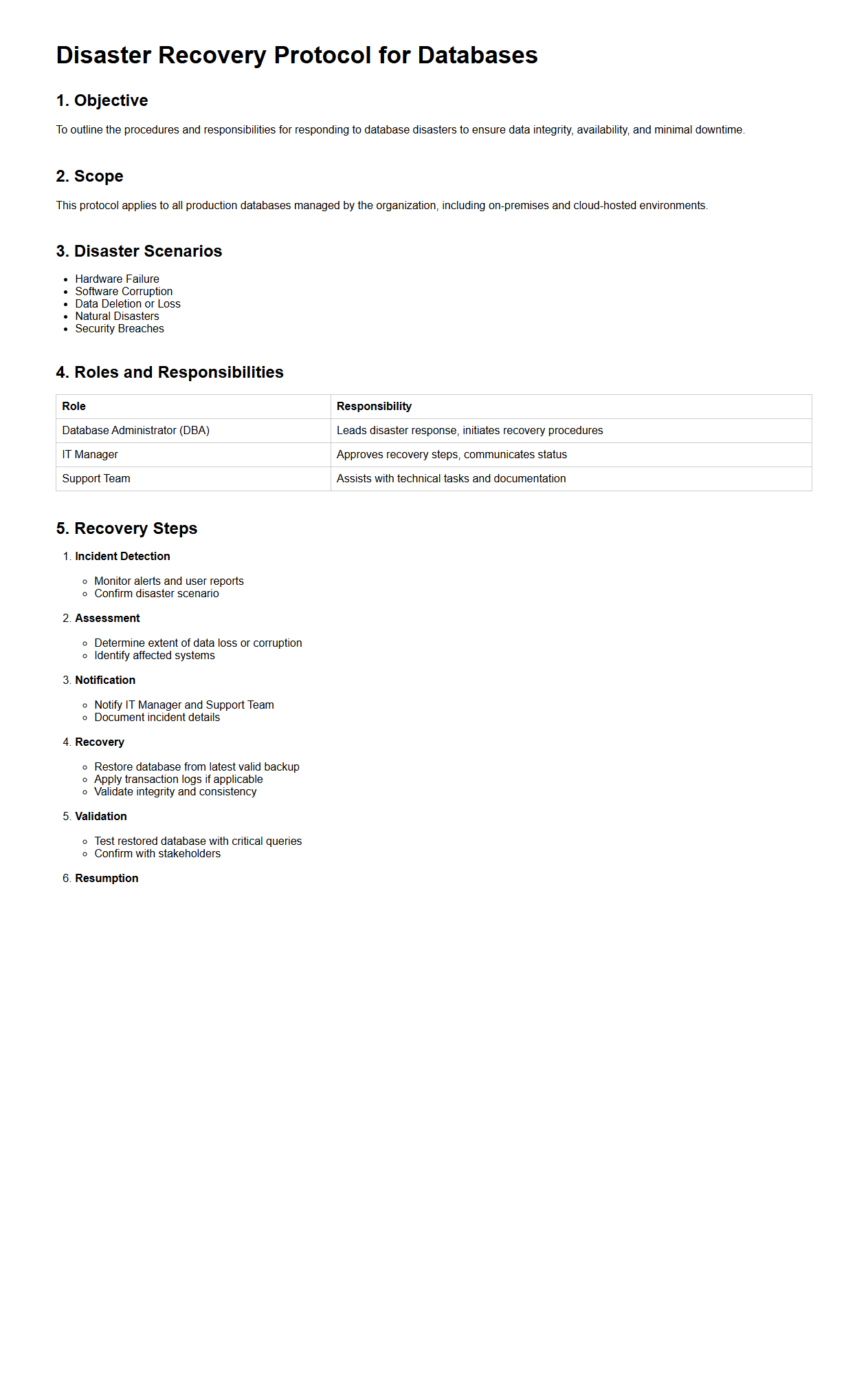 Disaster Recovery Protocol for Databases
