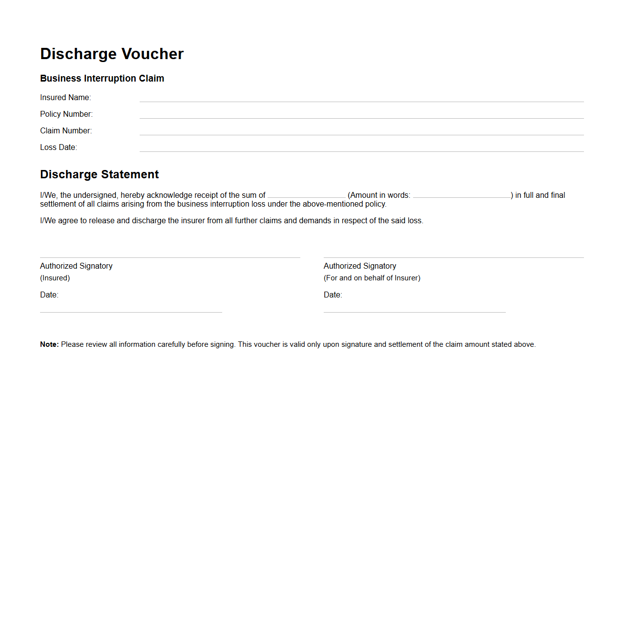 Discharge Voucher Template for Business Interruption Claims