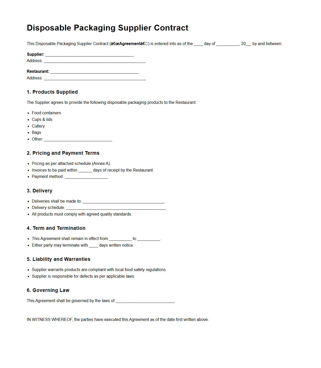 Disposable Packaging Supplier Contract for Restaurants