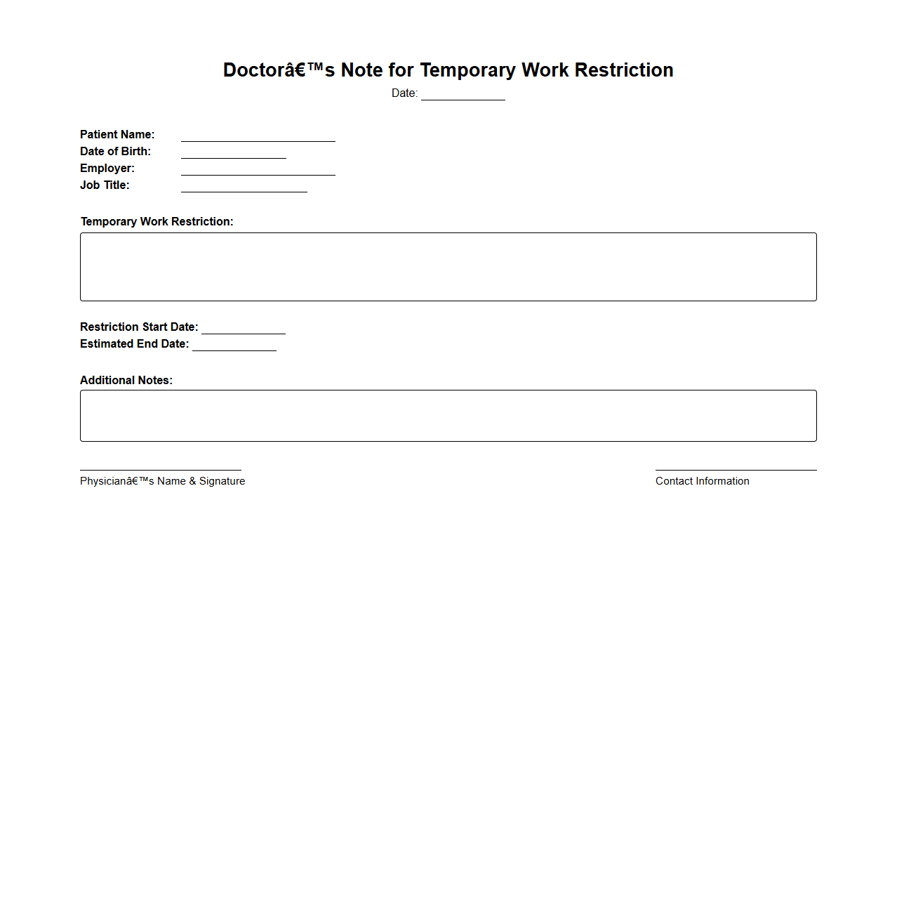 Doctor’s Note for Temporary Work Restriction