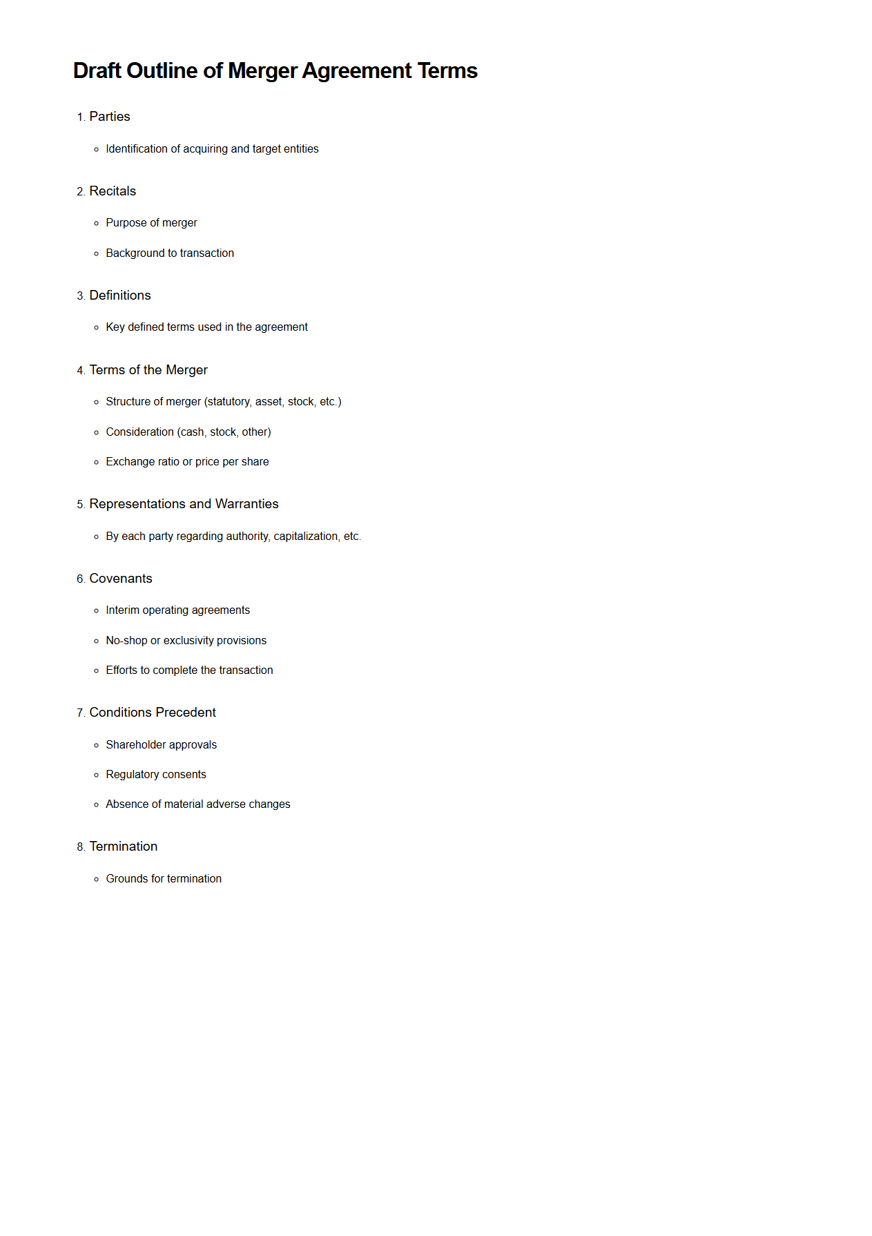 Draft Outline of Merger Agreement Terms