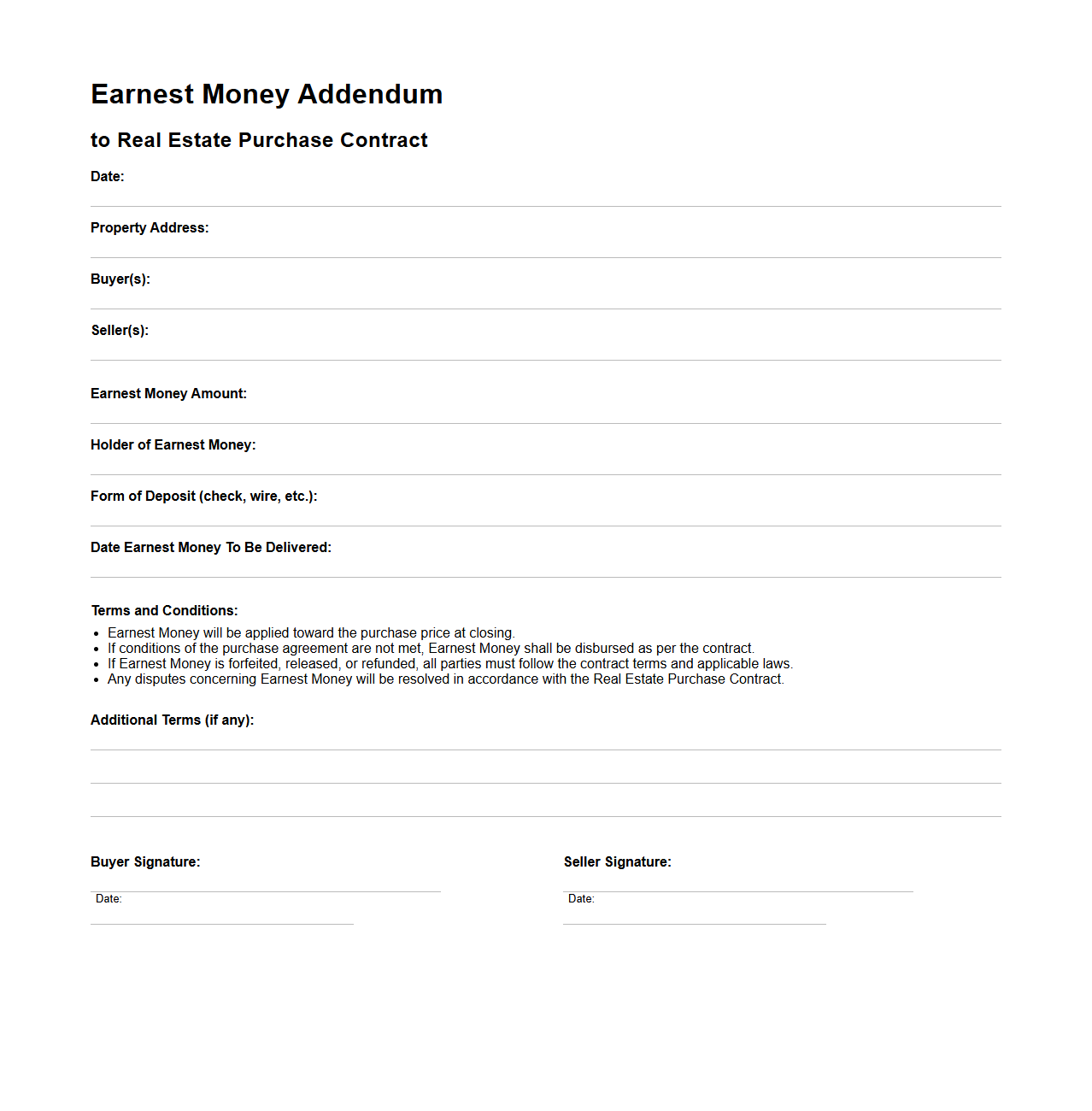 Earnest Money Addendum for Real Estate Contracts