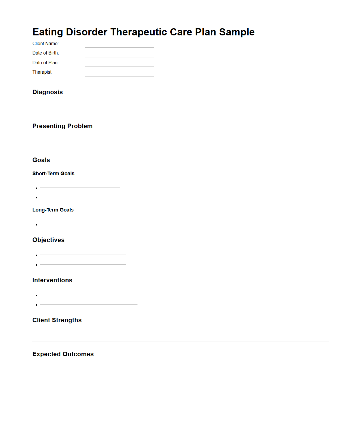 Eating Disorder Therapeutic Care Plan Sample