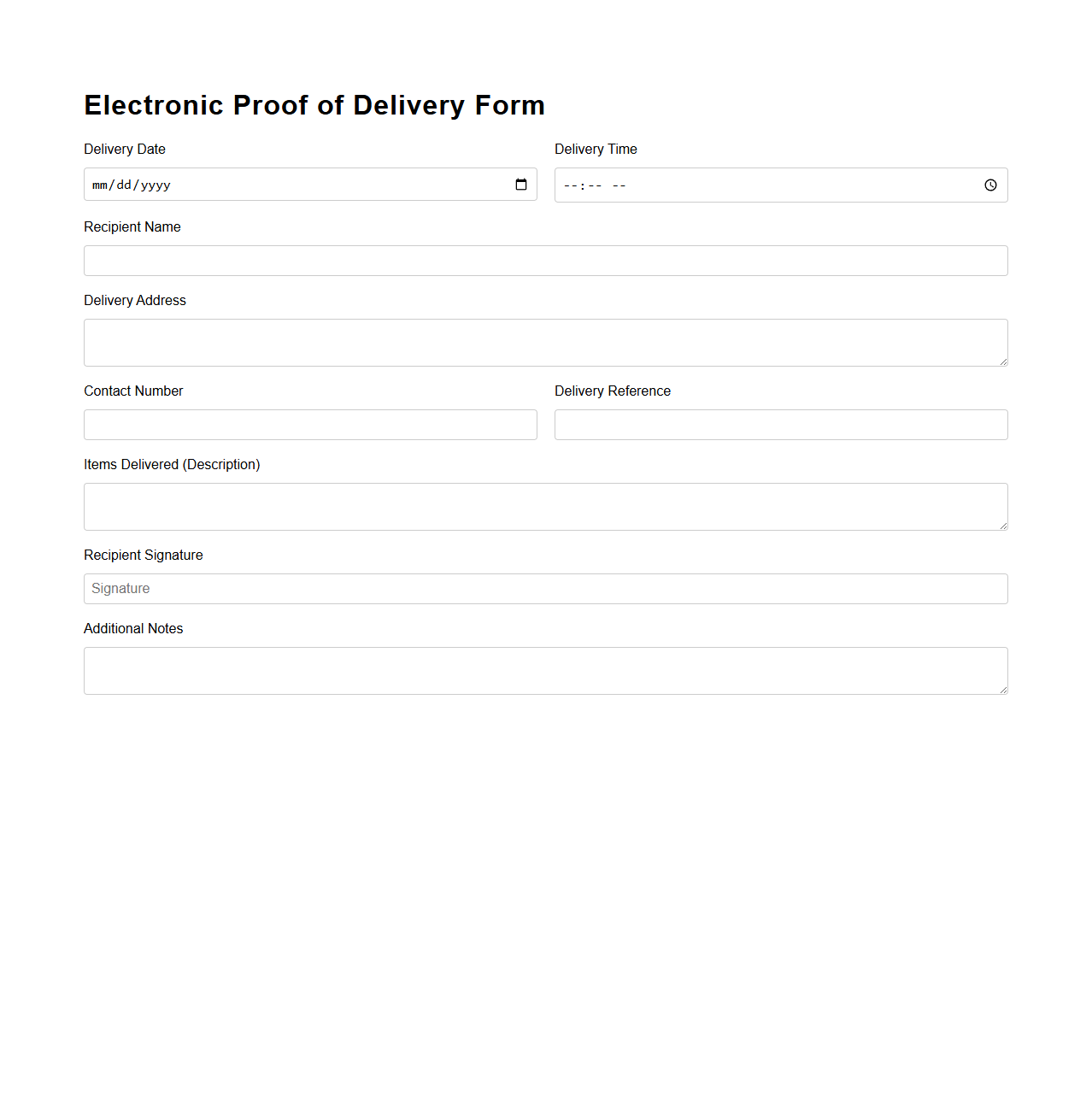 Electronic Proof of Delivery Form Template