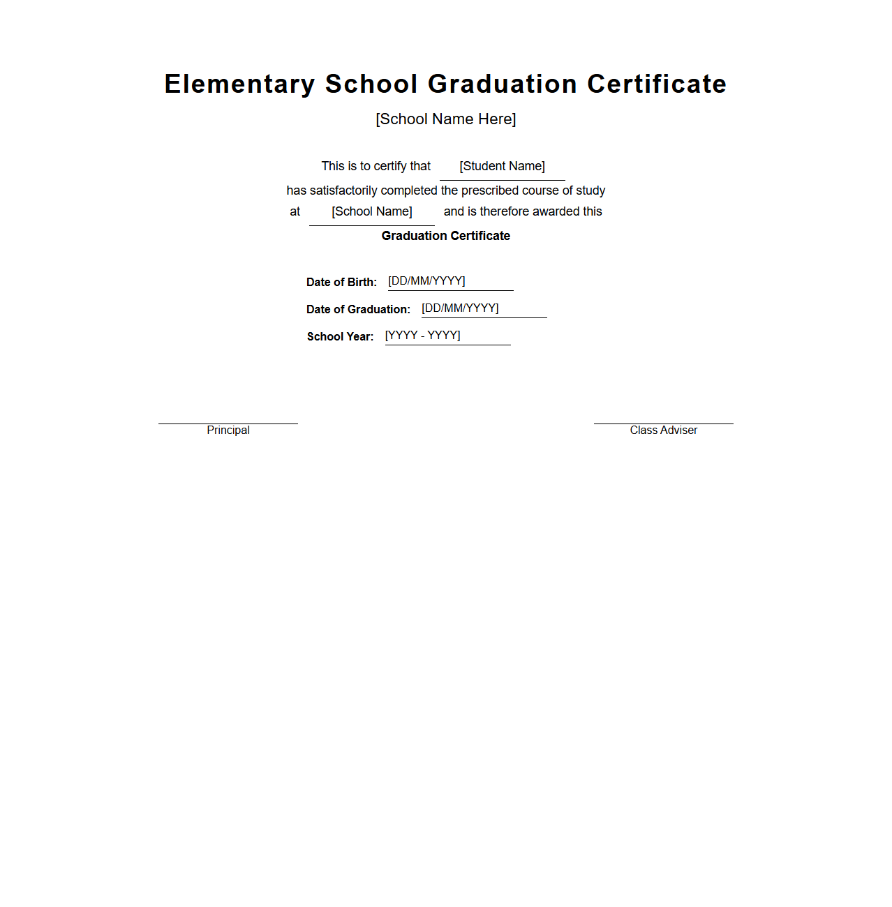 Elementary School Graduation Certificate Format