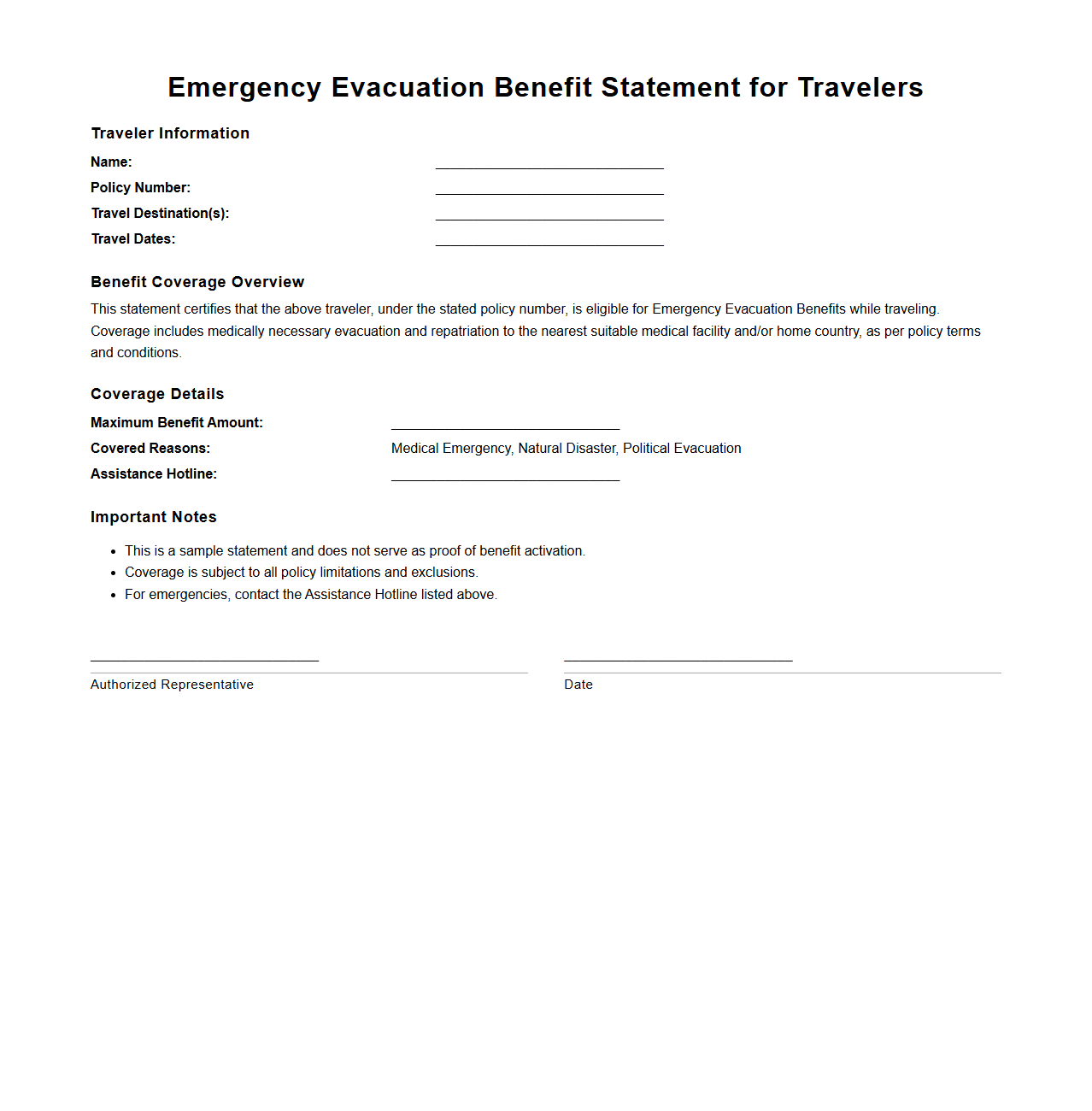 Emergency Evacuation Benefit Statement for Travelers