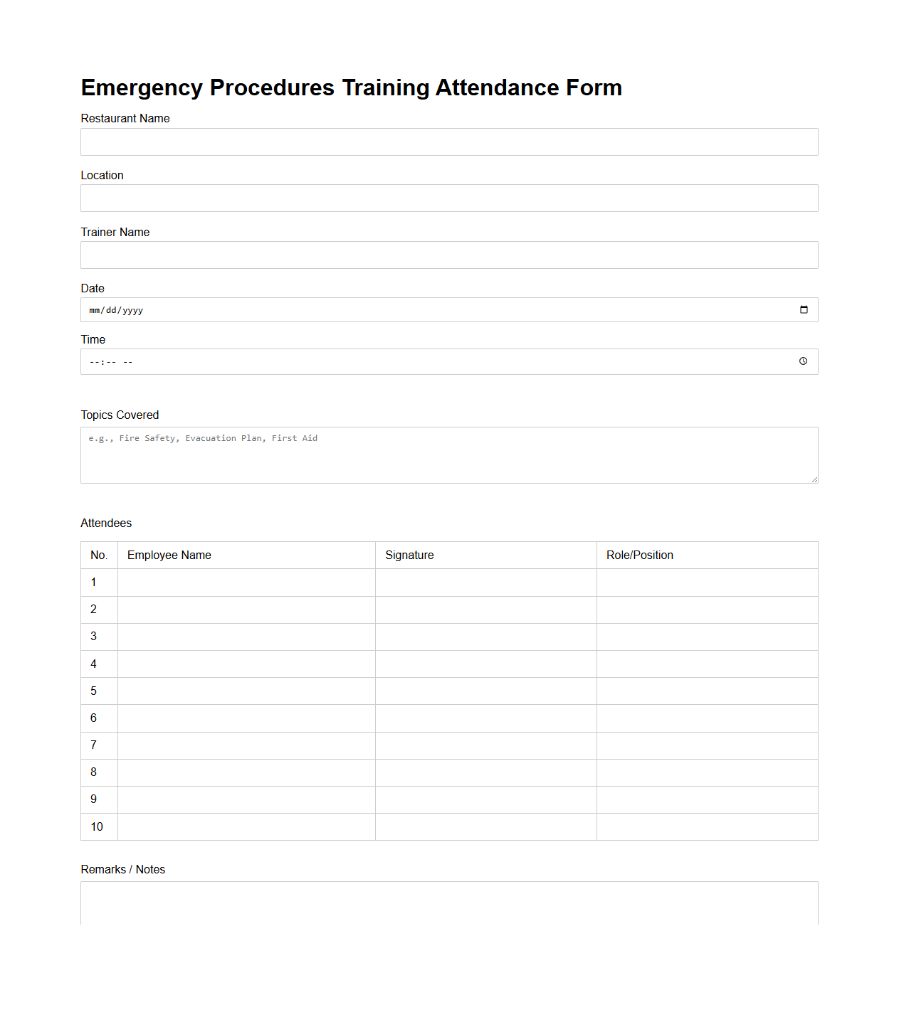 Emergency Procedures Training Attendance Form for Restaurant Personnel