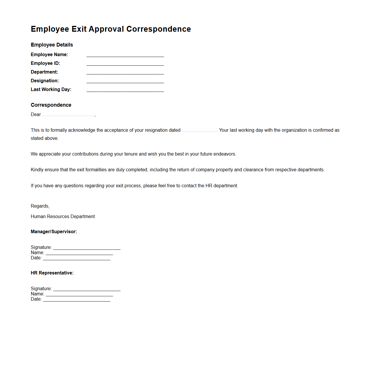 Employee Exit Approval Correspondence Example