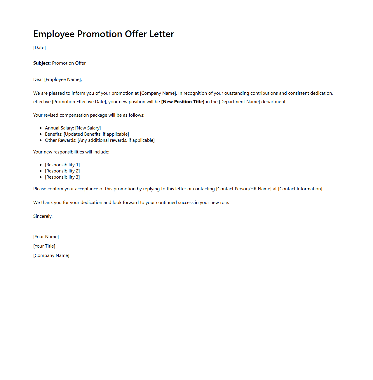 Employee Promotion Offer Letter Template