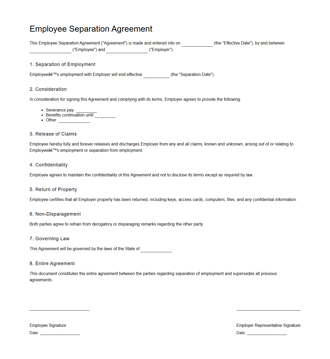 Employee Separation Agreement Sample