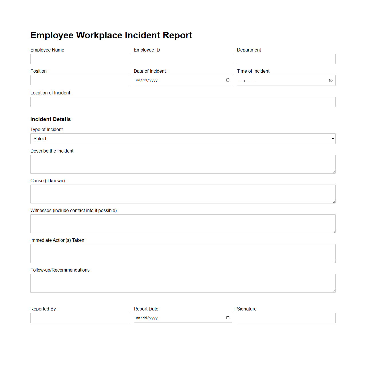 Employee Workplace Incident Report for Hotel Staff