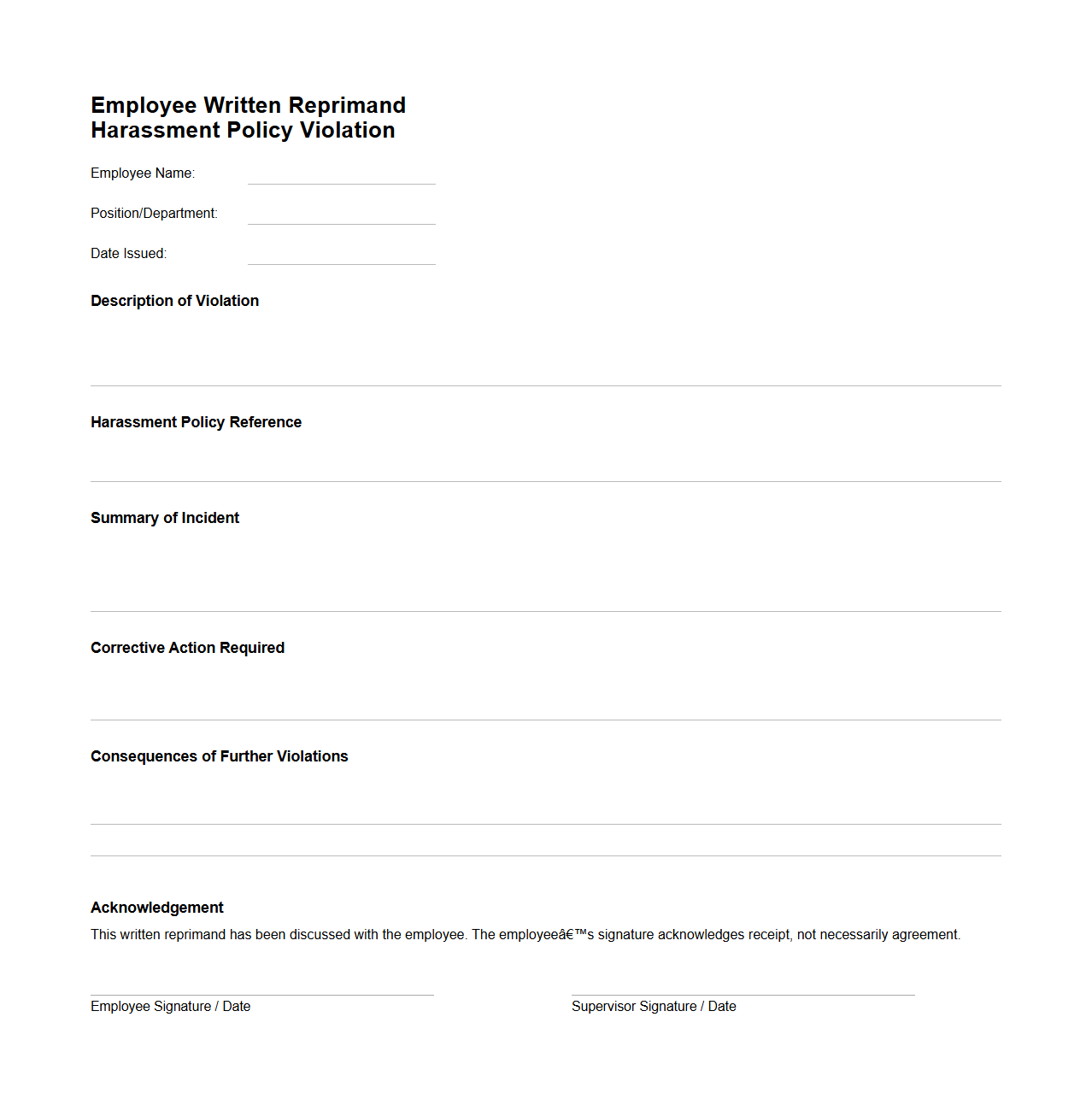 Employee Written Reprimand for Harassment Policy Violation