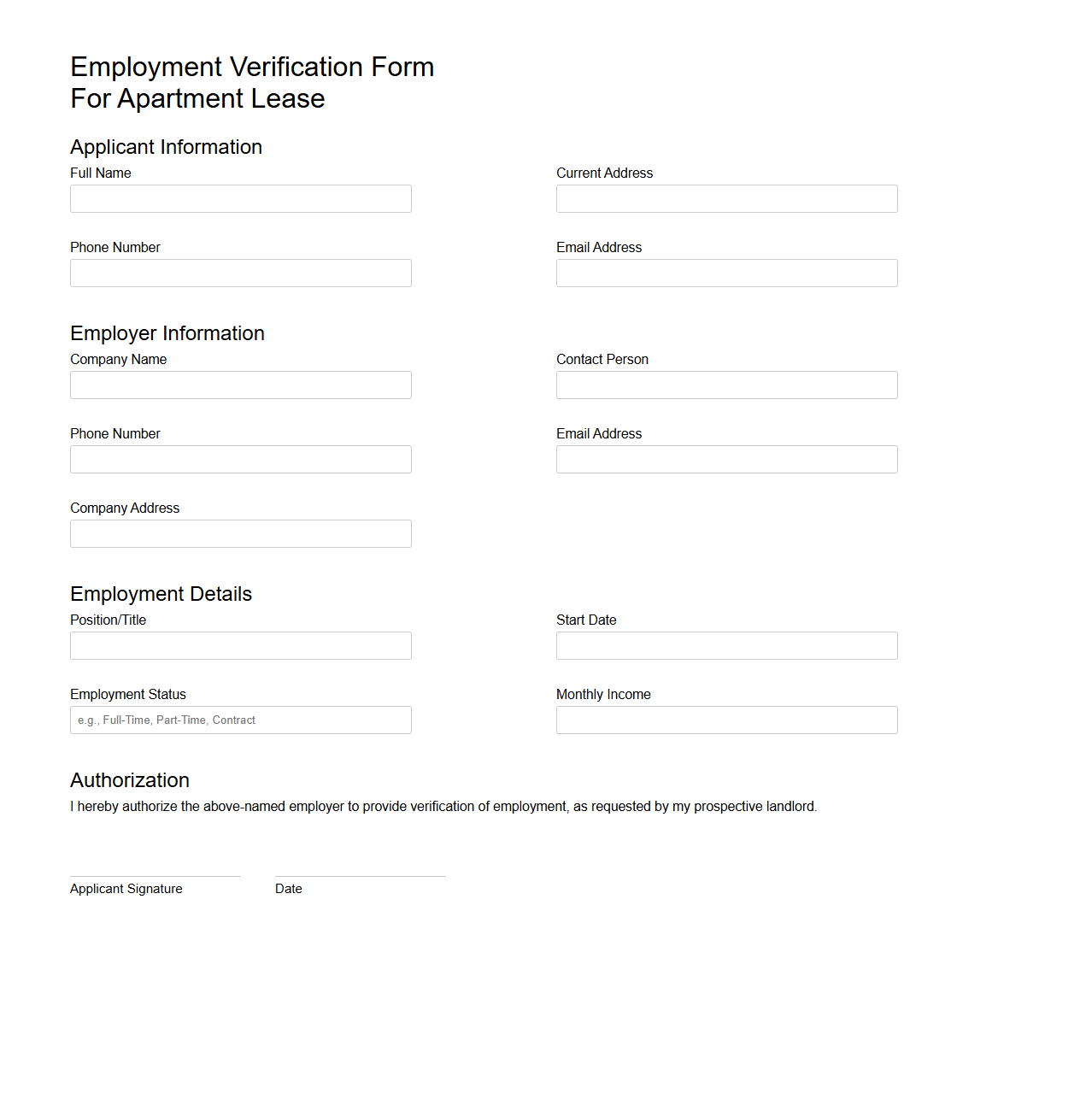 Employment Verification Form Example for Apartment Lease