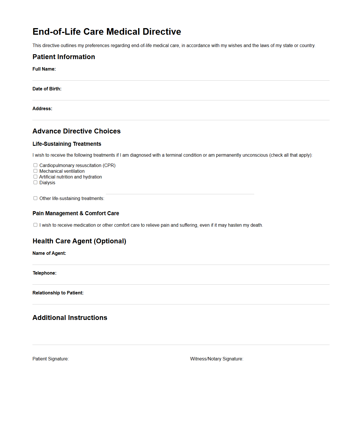 End-of-Life Care Medical Directive Example