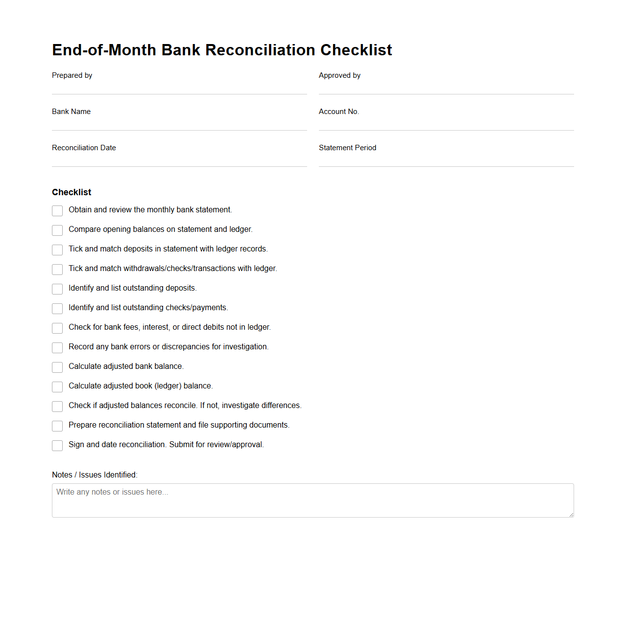 End-of-Month Bank Reconciliation Checklist
