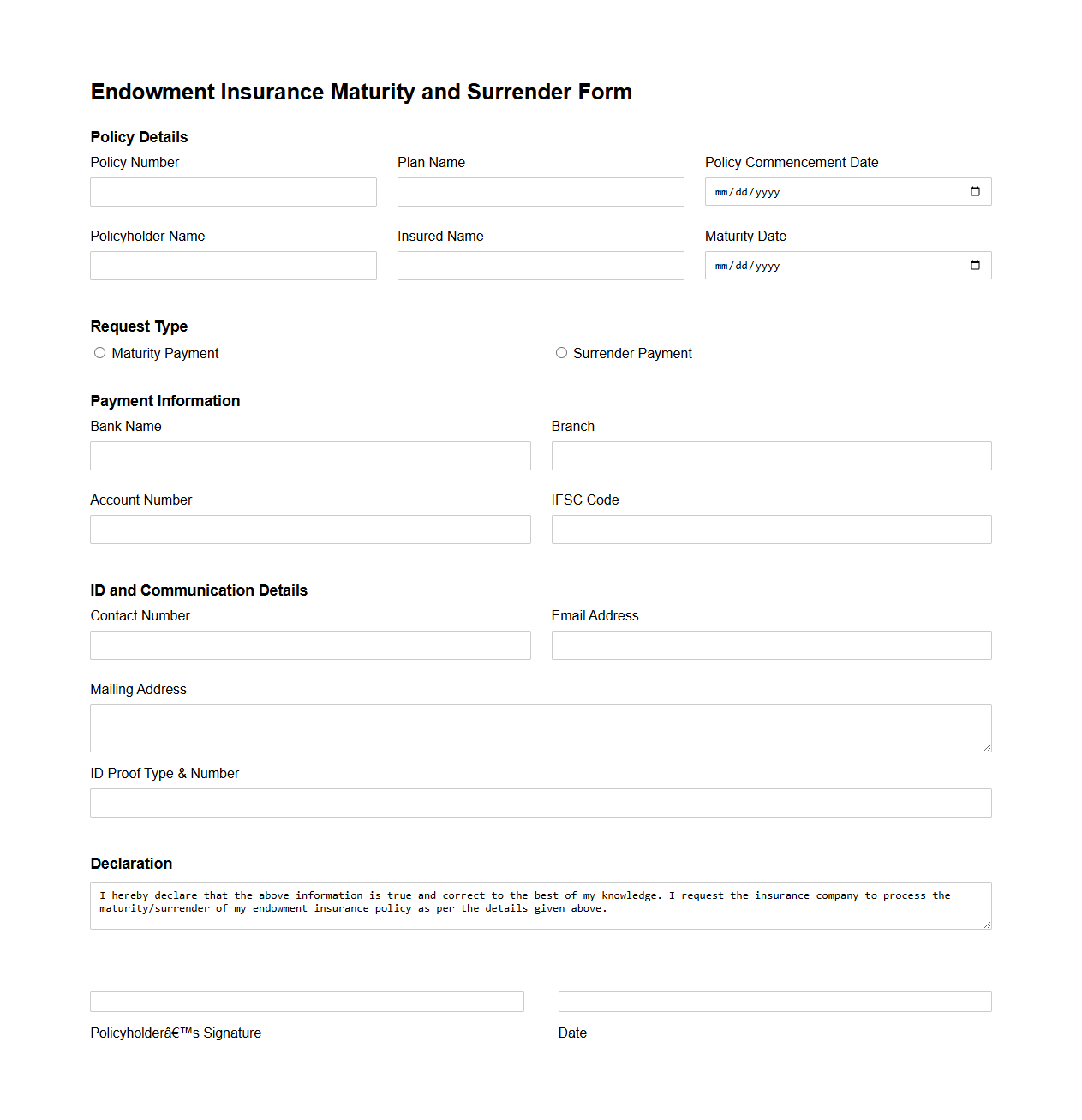 Endowment Insurance Maturity and Surrender Form
