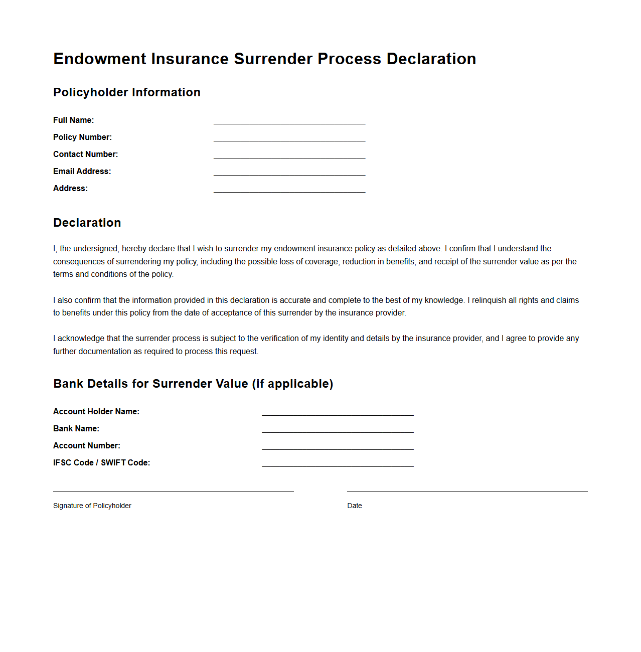 Endowment Insurance Surrender Process Declaration Sample