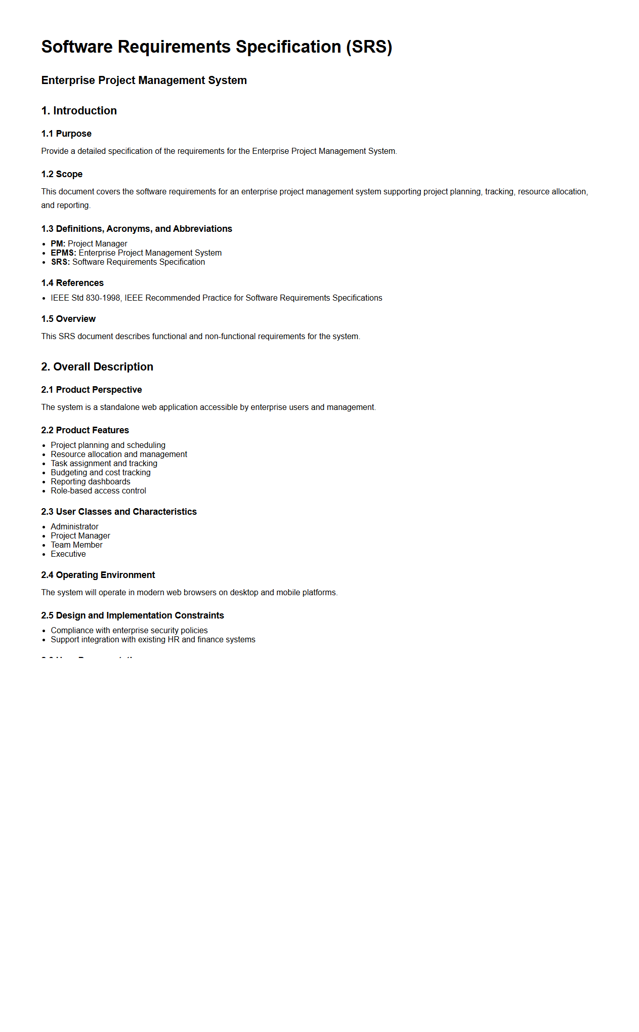 Enterprise Project Management System SRS Template
