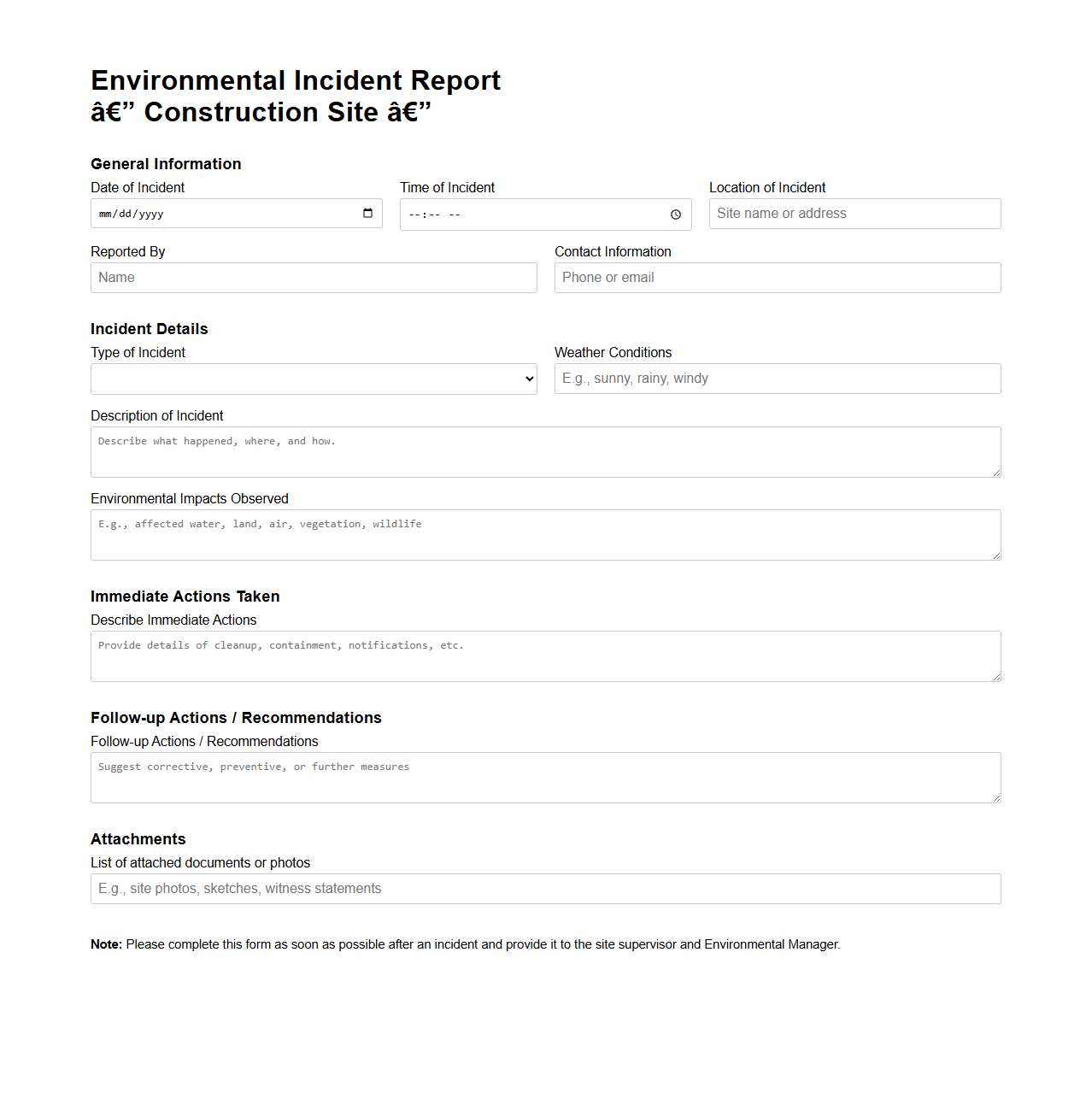 Environmental Incident Report for Construction Sites
