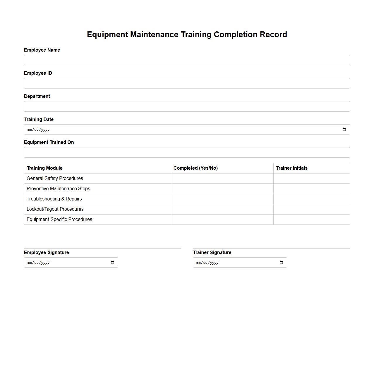 Equipment Maintenance Training Completion Record