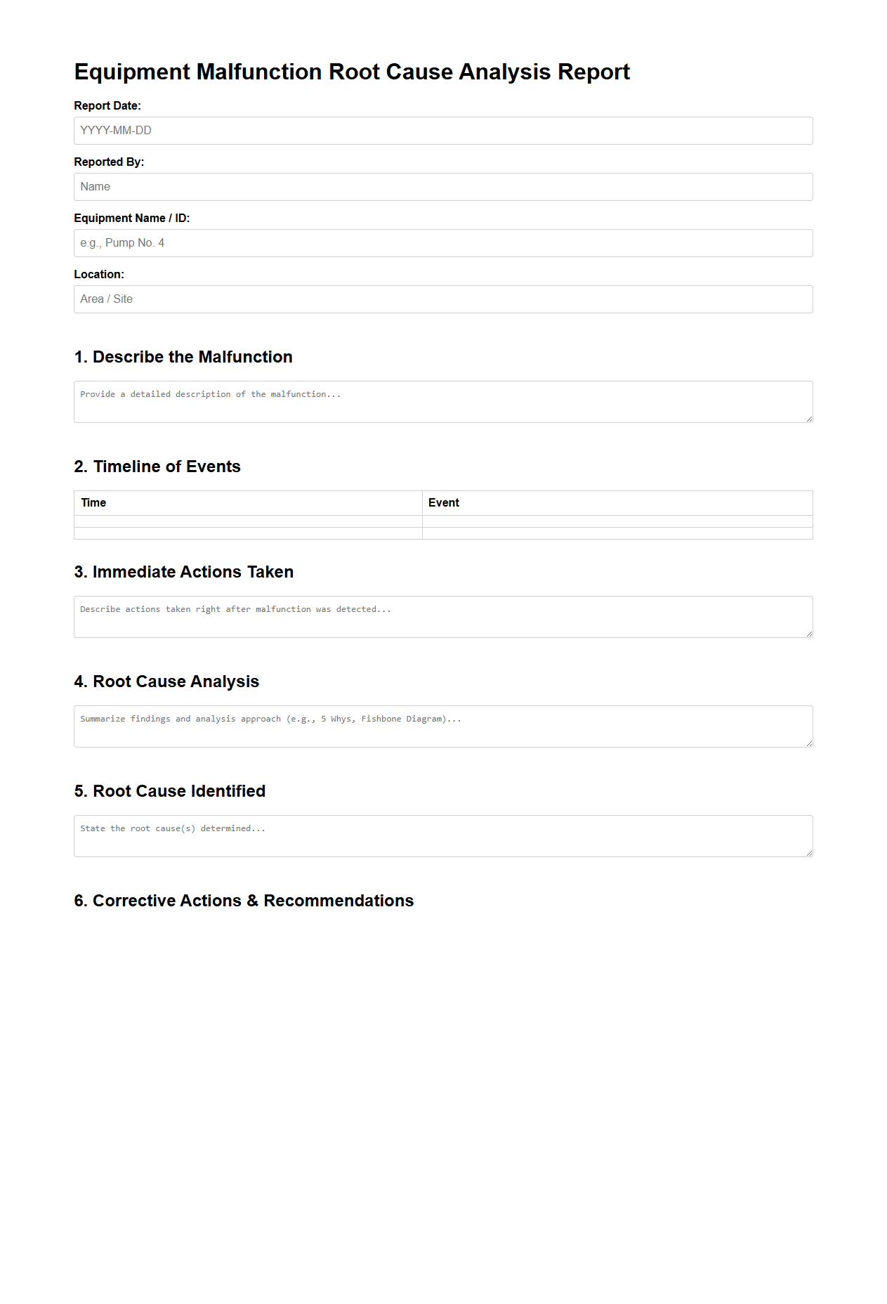 Equipment Malfunction Root Cause Analysis Report