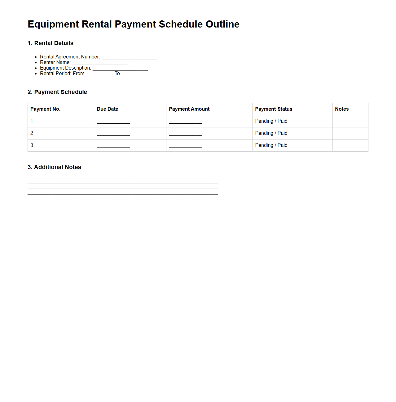Equipment Rental Payment Schedule Outline