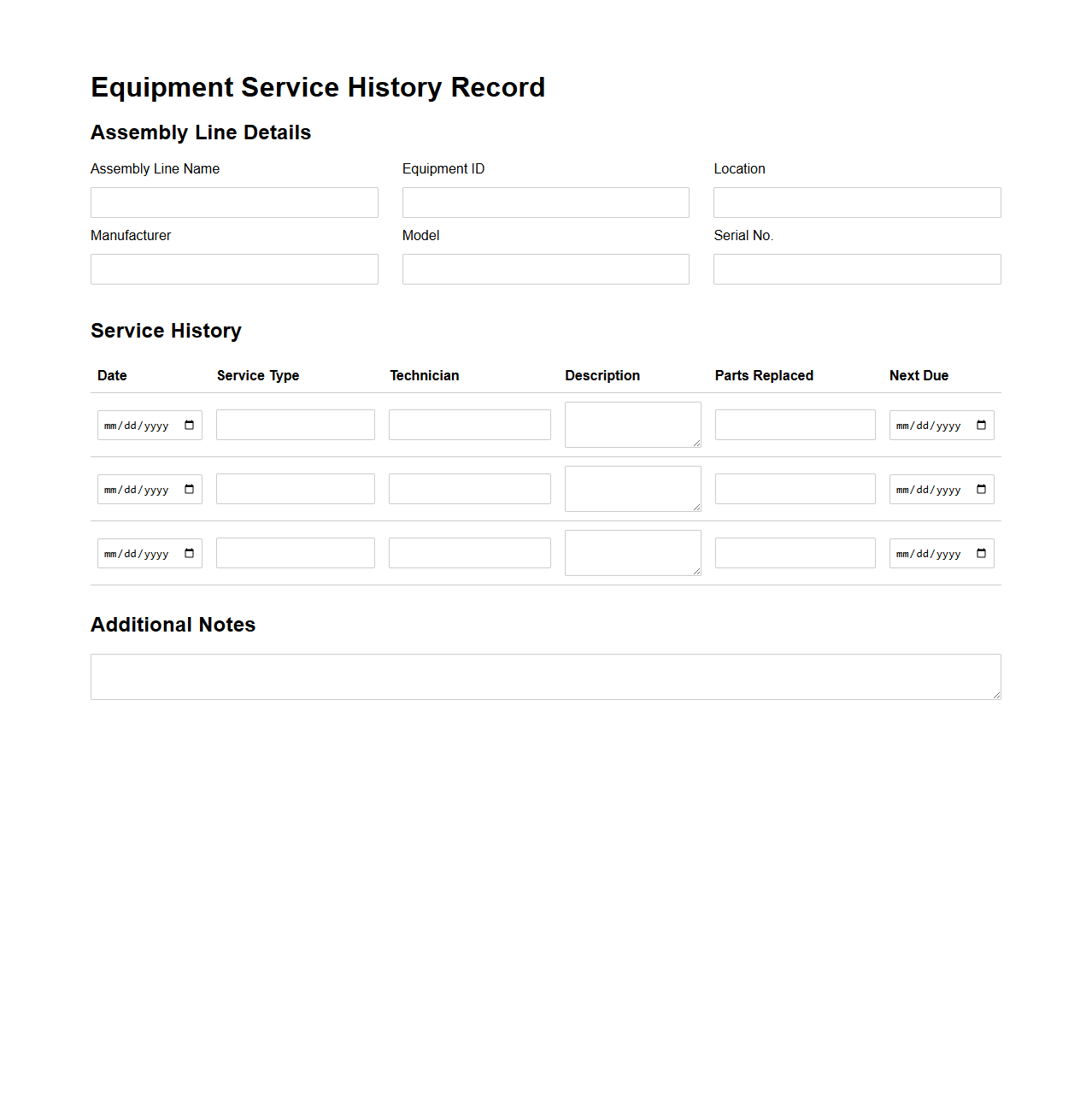 Equipment Service History Record for Assembly Lines
