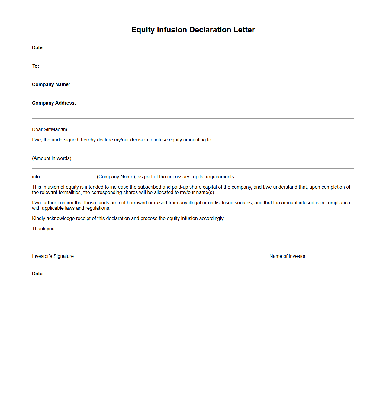 Equity Infusion Declaration Letter for Investors