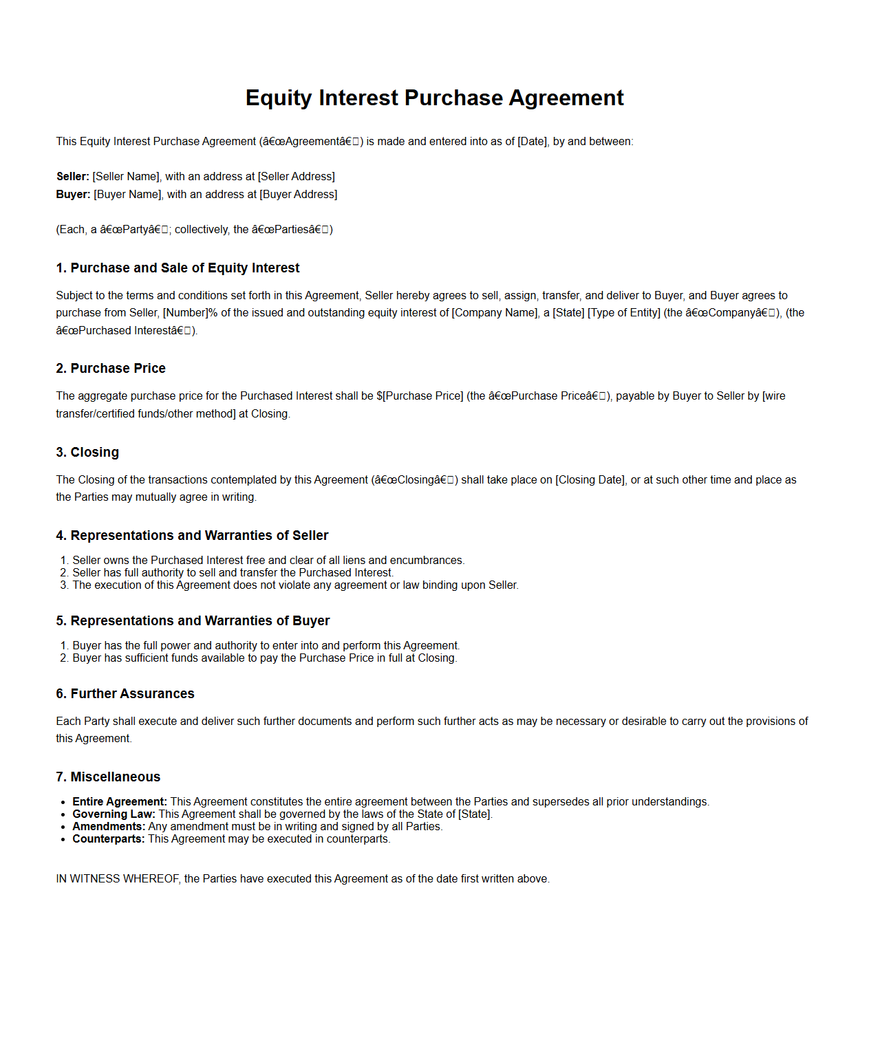 Equity Interest Purchase Agreement Sample for Businesses
