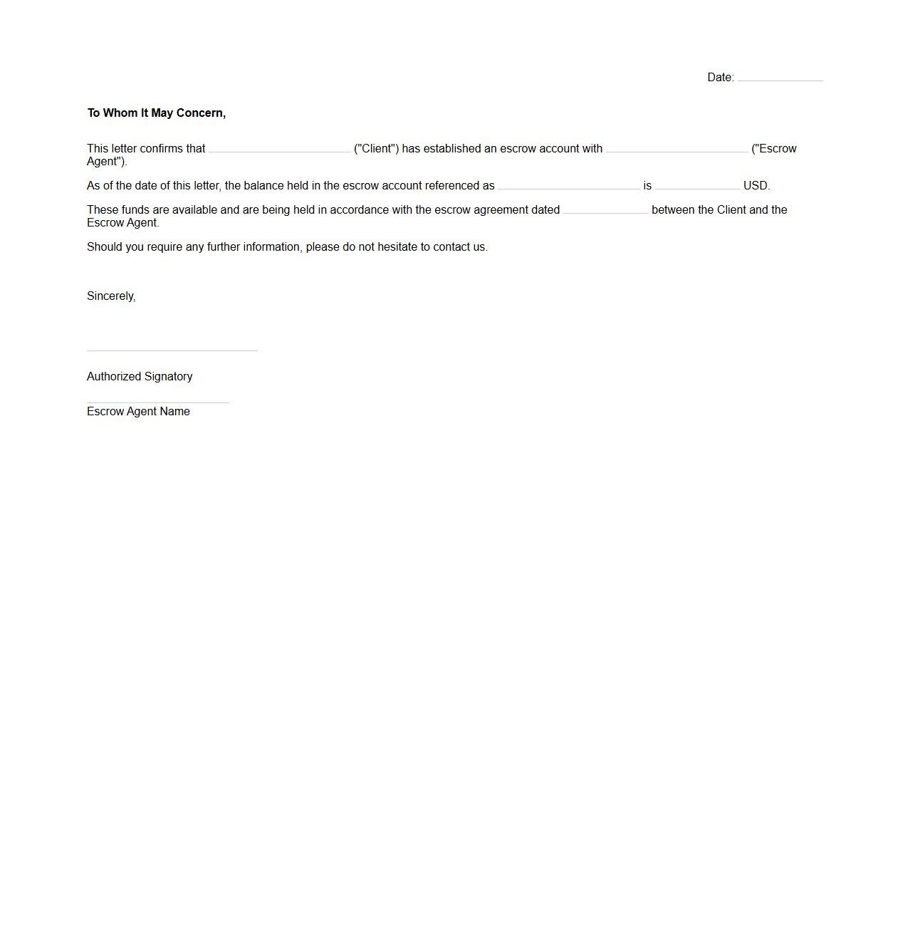 Escrow Account Proof of Funds Letter