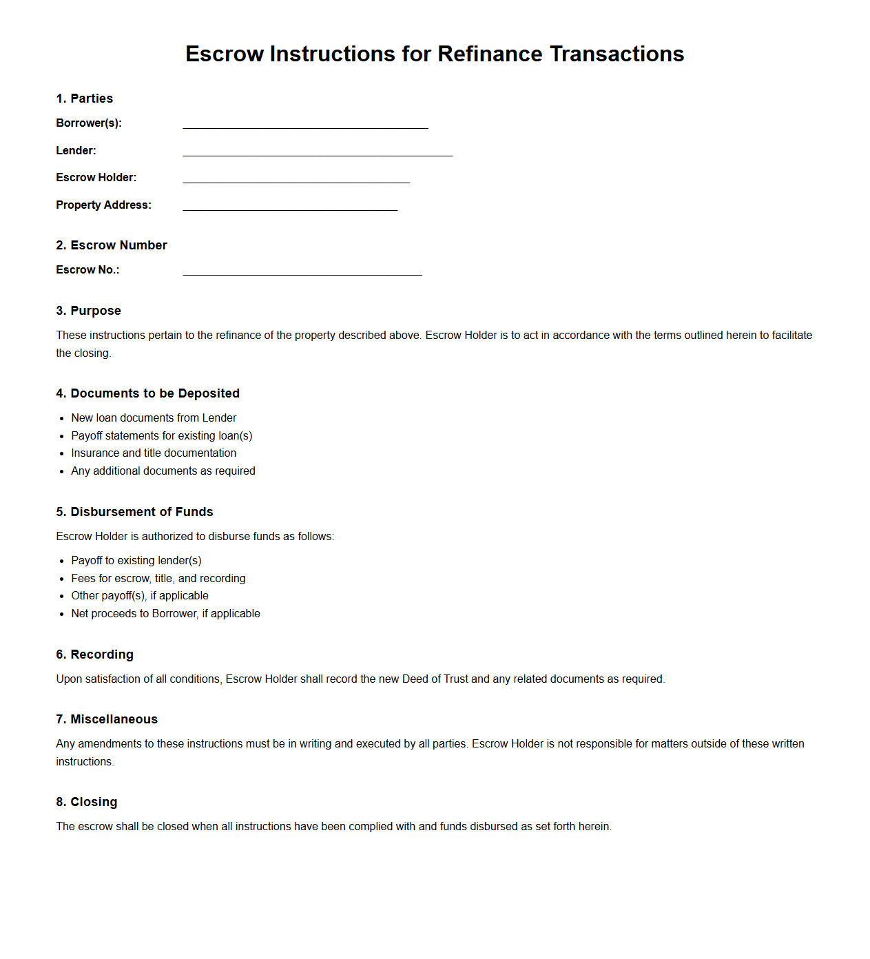 Escrow Instructions for Refinance Transactions