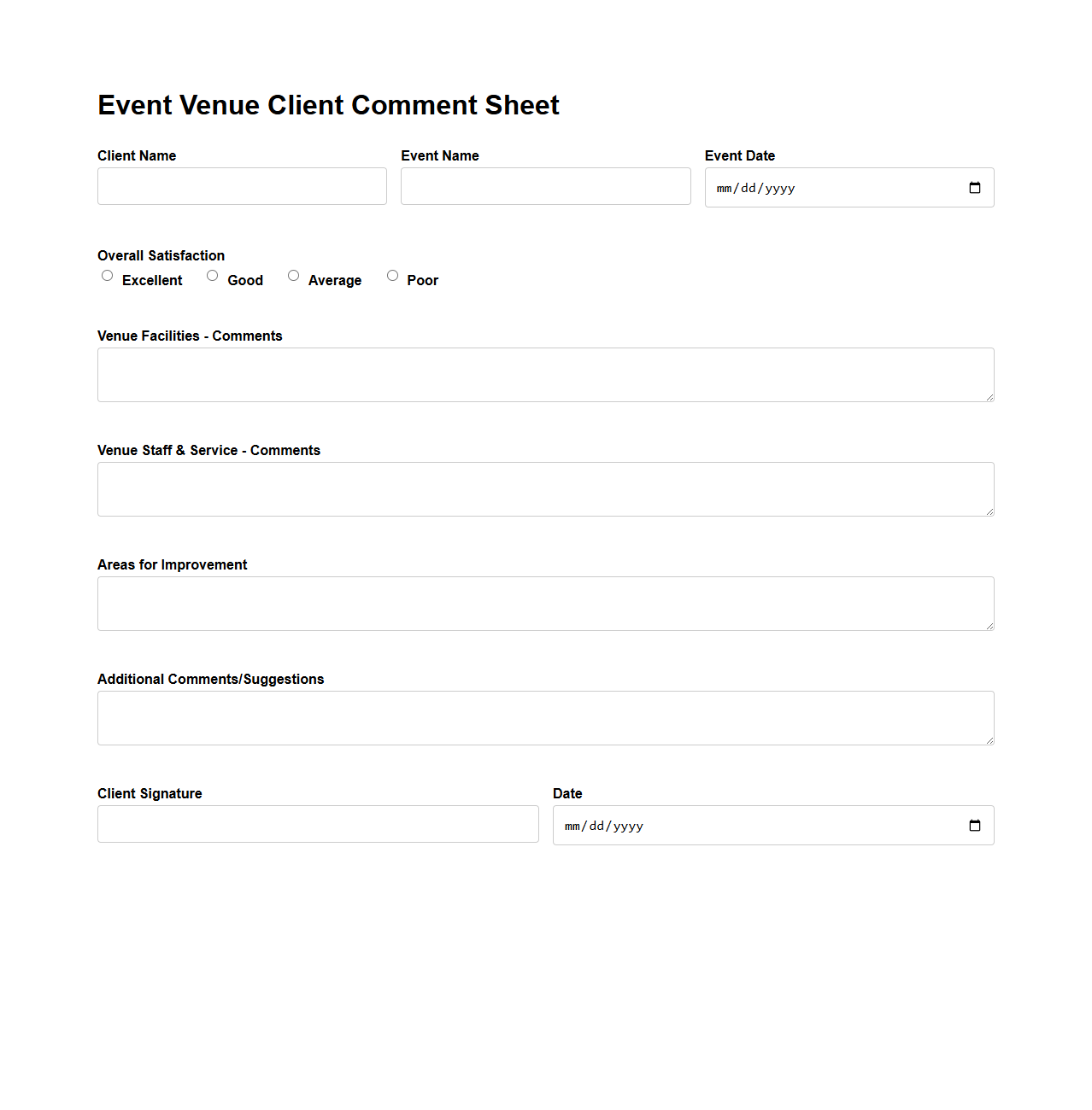 Event Venue Client Comment Sheet