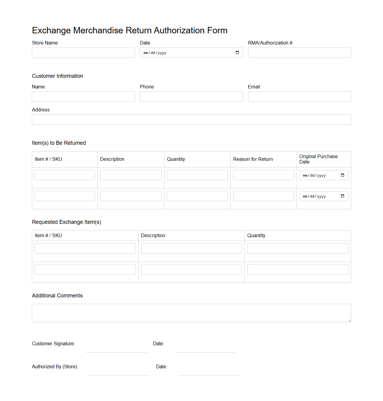 Exchange Merchandise Return Authorization Form for Store