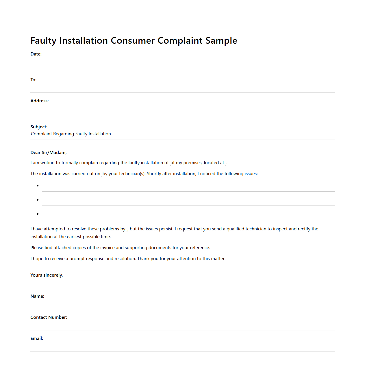 Faulty Installation Consumer Complaint Sample
