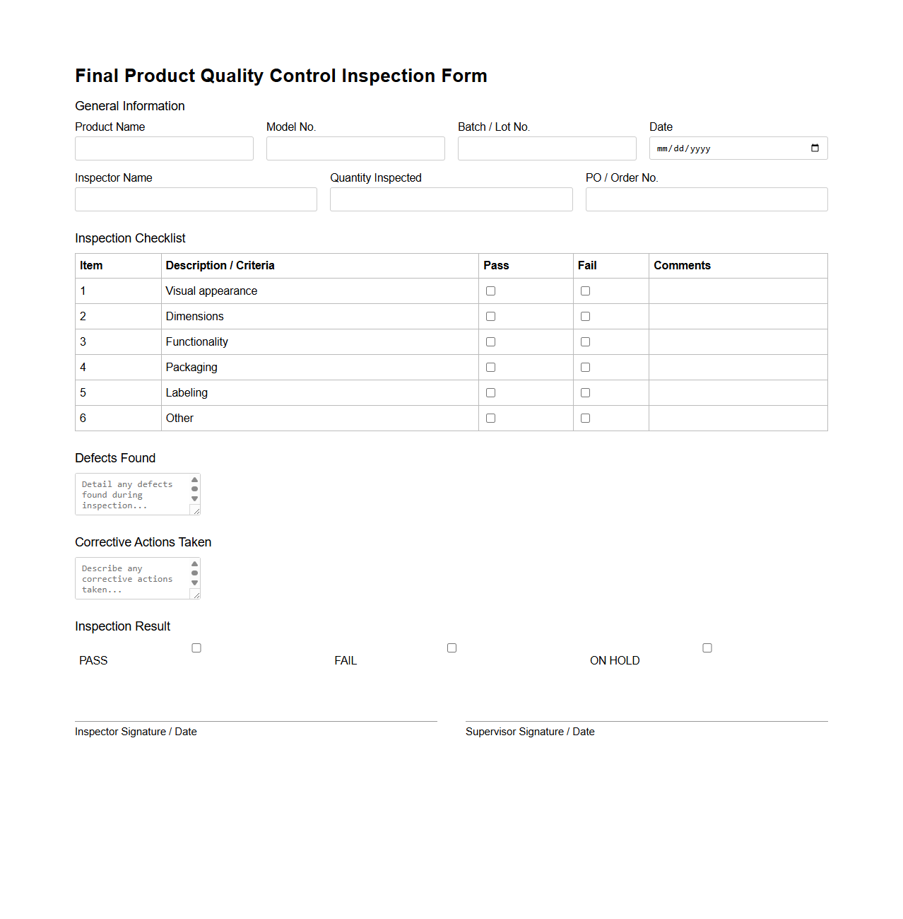 Final Product Quality Control Inspection Form