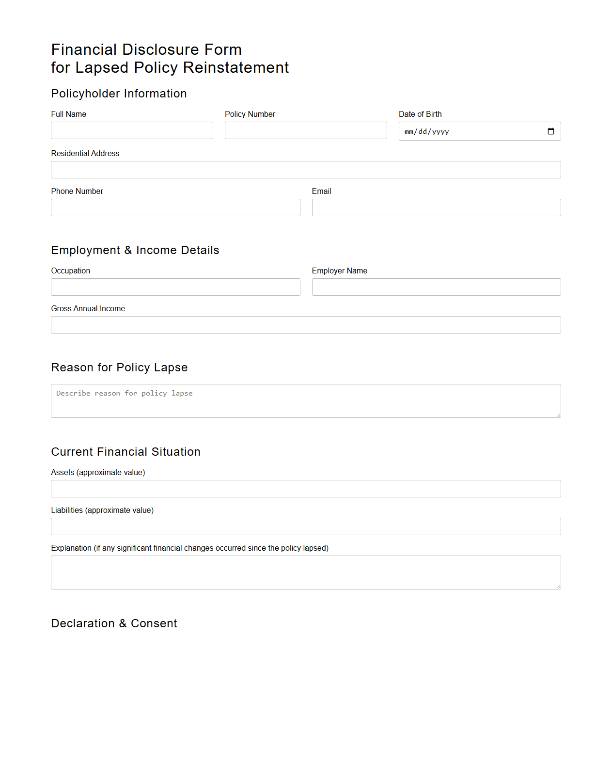 Financial Disclosure Form for Lapsed Policy Reinstatement