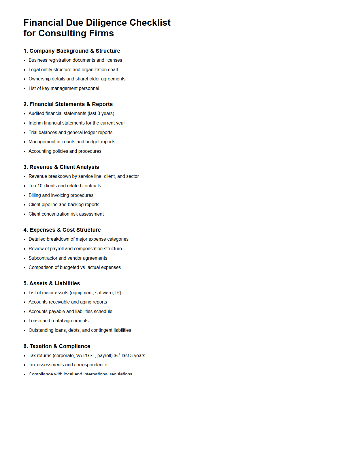 Financial Due Diligence Checklist for Consulting Firms