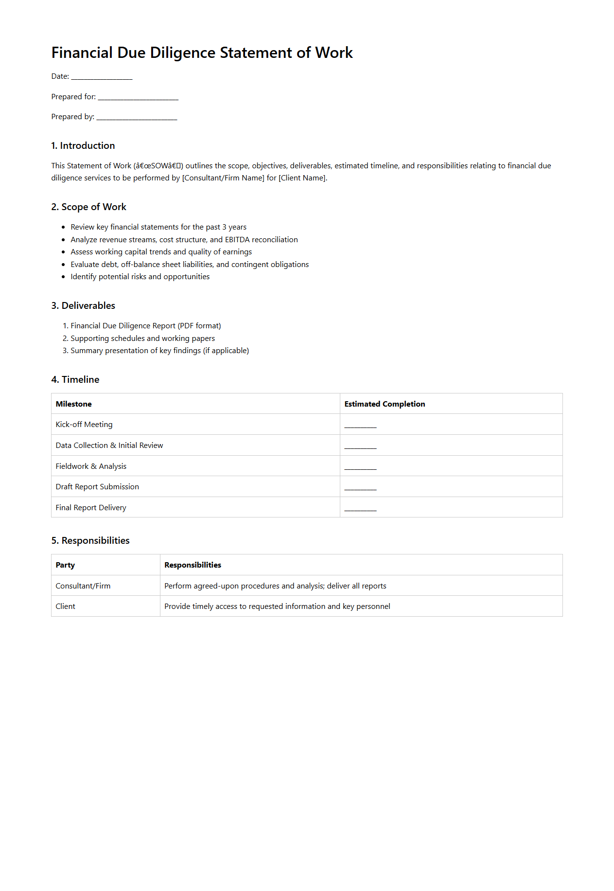 Financial Due Diligence Statement of Work Template