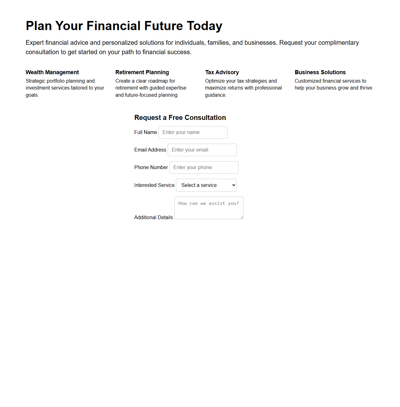 Financial Services Landing Page Brief for Consultation Requests