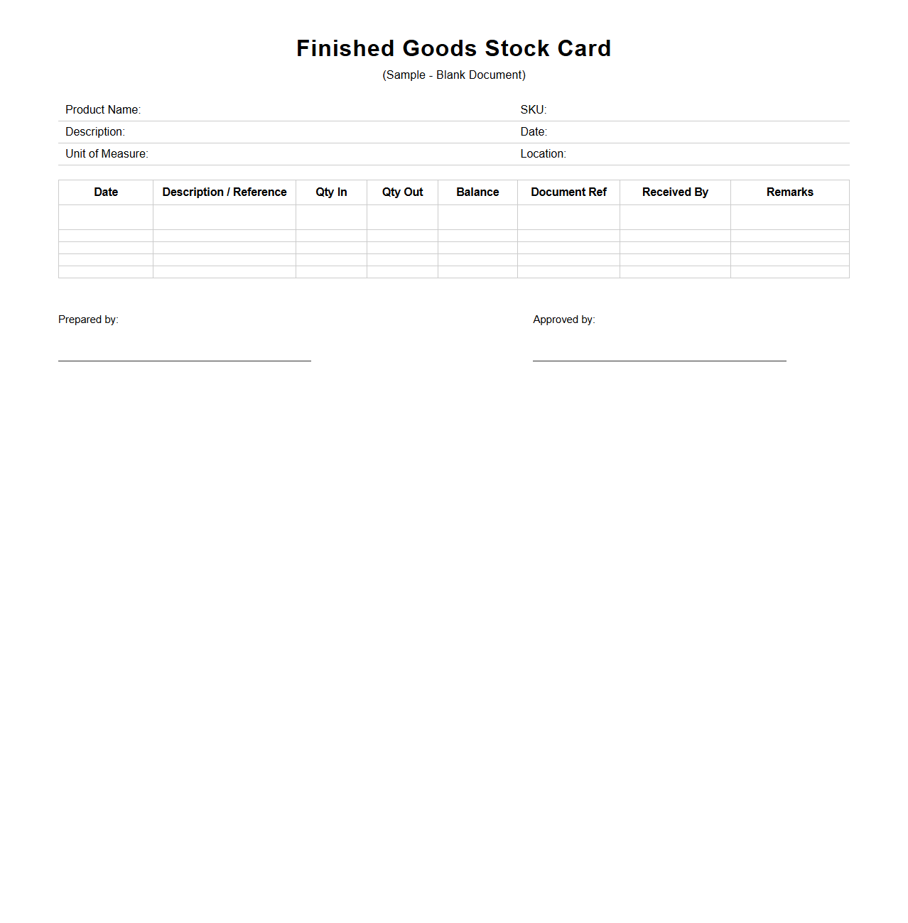 Finished Goods Stock Card Example