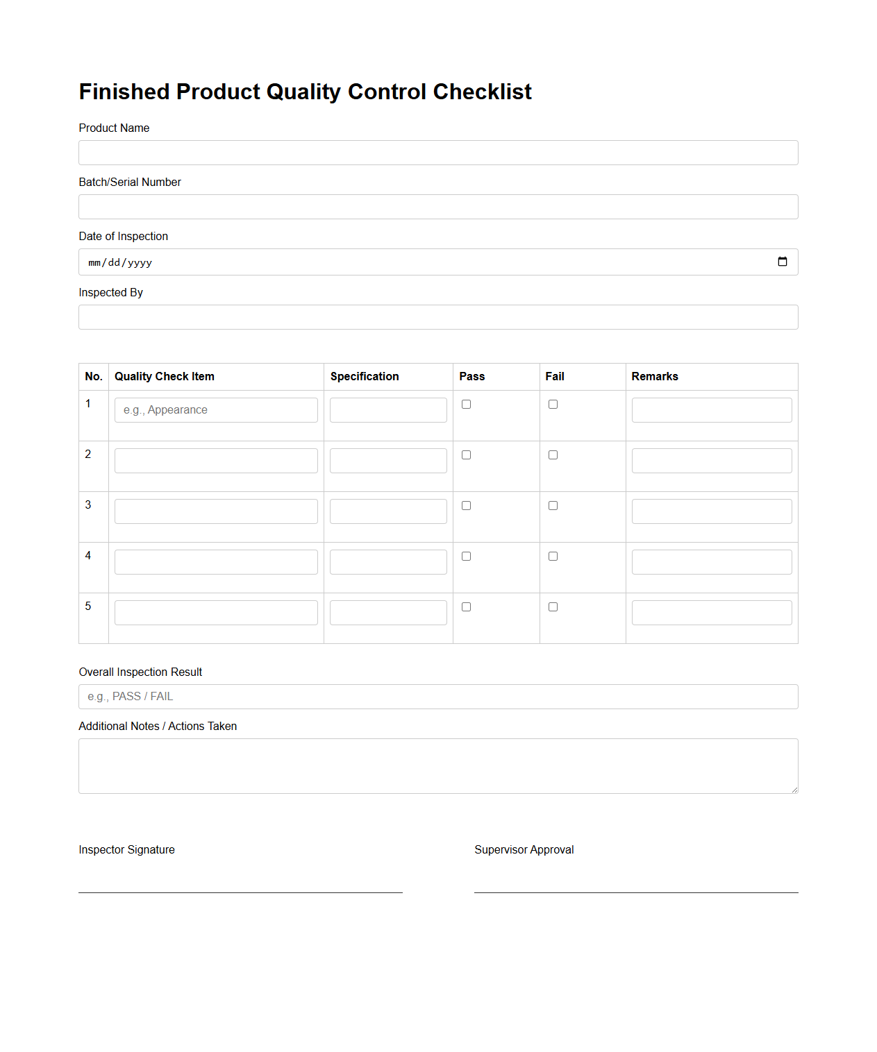 Finished Product Quality Control Checklist for Manufacturing