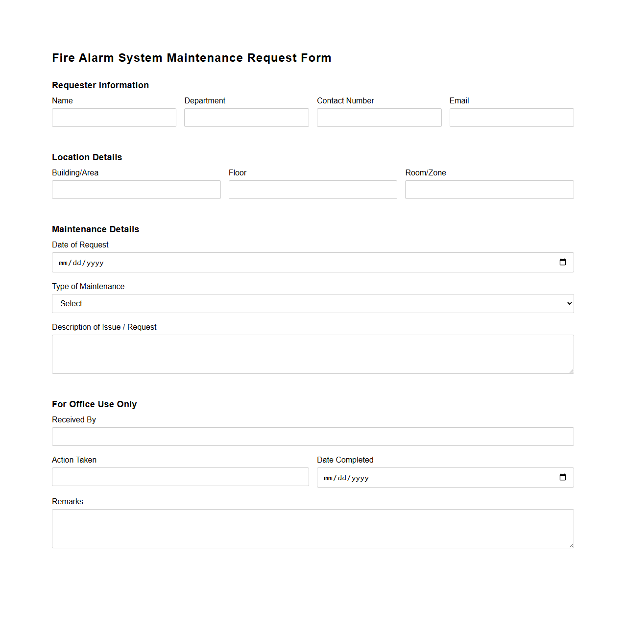 Fire Alarm System Maintenance Request Form