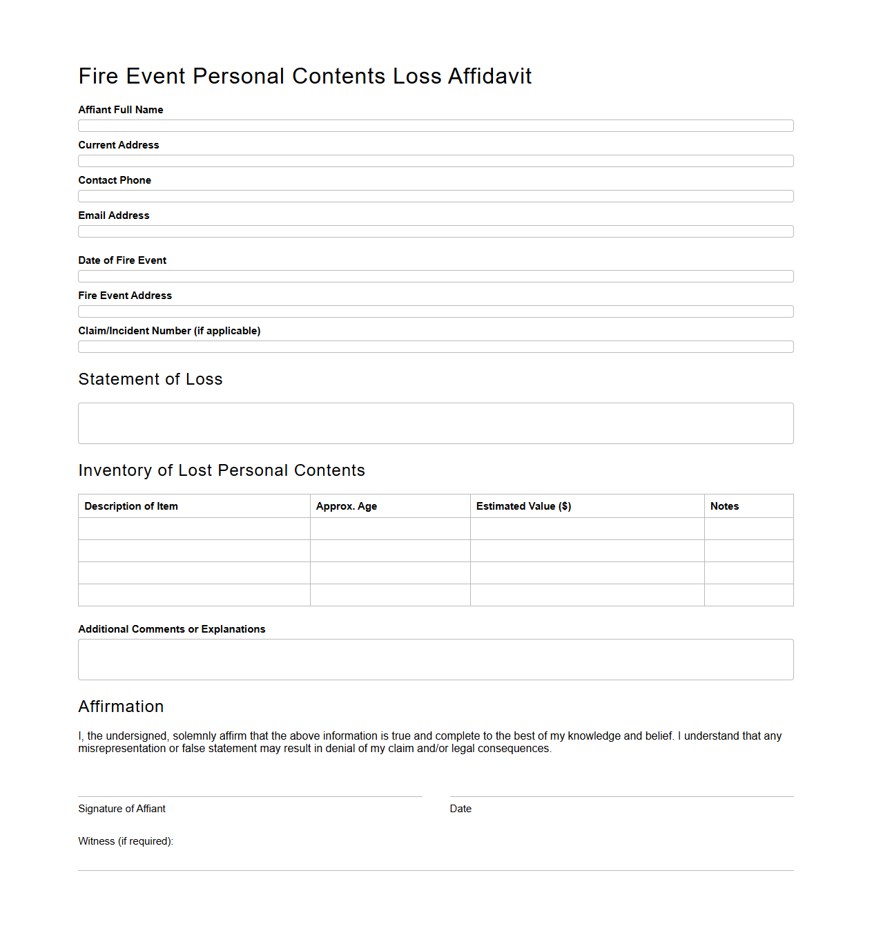 Fire Event Personal Contents Loss Affidavit