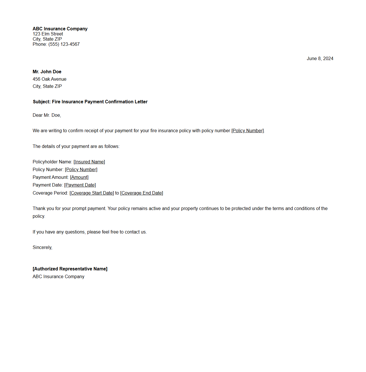 Fire Insurance Payment Confirmation Letter